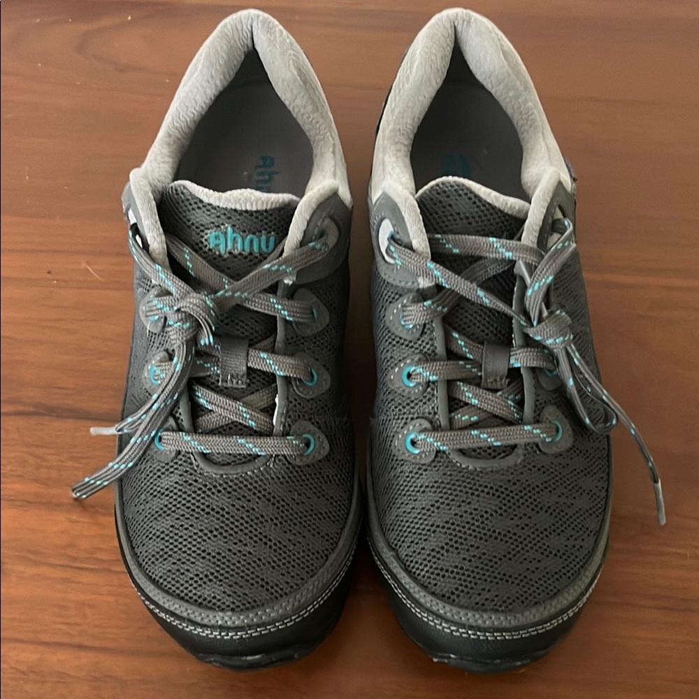 Ahnu Gray Mesh Lace-Up Sneakers with Teal Accents